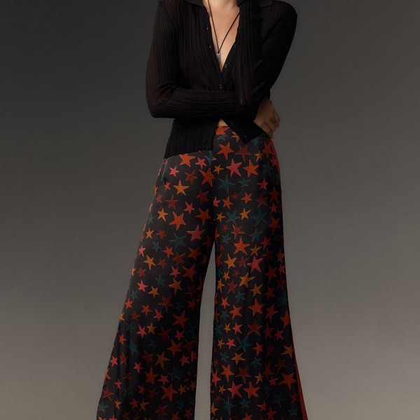 Farm Rio Black Wide-Leg Star Print Pants With Red & Orange Stars